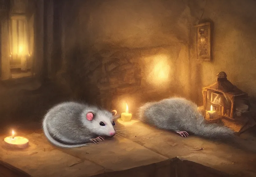 Image similar to cute possum sleeping inside a bed in a medieval cluttered cottage at night under the dim light of a candle, dark fantasy, dreaming illusion, trending on artstation