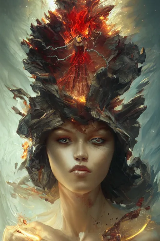 Image similar to model wearing exploding fire electricity and blood, sorcerer, diamonds, angel, fantasy, dramatic lighting, highly detailed, digital painting, holding electricity, magic the gathering, hyper detailed, 3 d render, hyper realistic detailed portrait, peter mohrbacher, wlop, ruan jia