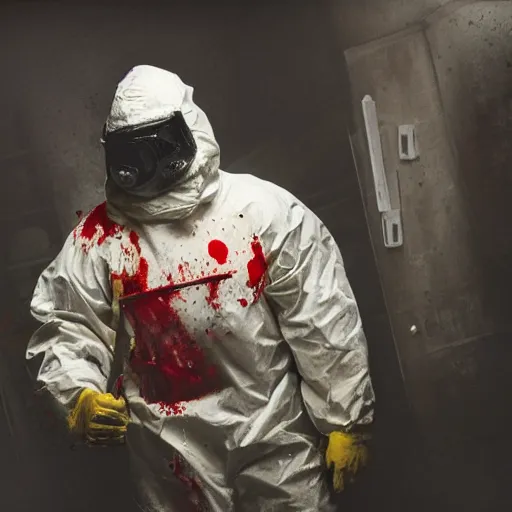 Image similar to still from the movie saw, low angle skewed shot of a man in a bloody hazmat suit, big shovel, blood, horror, award winning photo, high detail, atmospheric, 8k