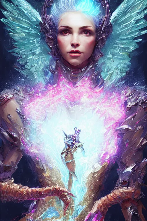 Image similar to torso closeup model wearing exploding ice electricity dress, sorcerer, diamonds, angel, fantasy, dramatic lighting, highly detailed, digital painting, holding electricity, magic the gathering, hyper detailed, 3 d render, hyper realistic detailed portrait, peter mohrbacher, wlop, ruan jia