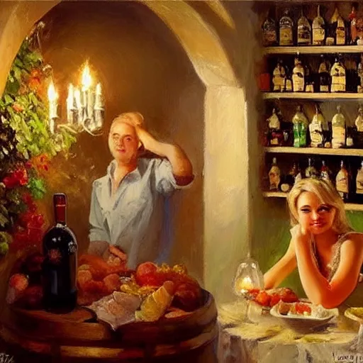 Image similar to wine cellar full of food, torches on the wall, schnapps, romantic, inviting, cozy, blonde woman, painting Vladimir Volegov