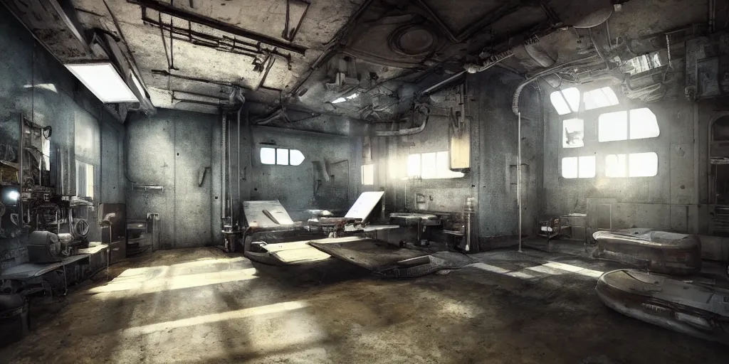 Prompt: faded steel industrial spaceship cramped living quarters painted clean interior room sci - fi, moody lighting