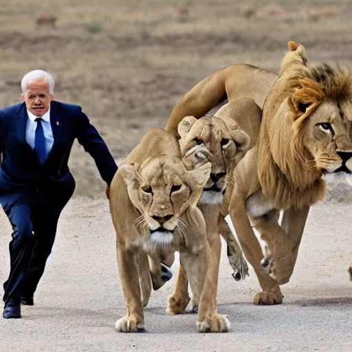 Image similar to a horde of joe bidens chasing after a lion.