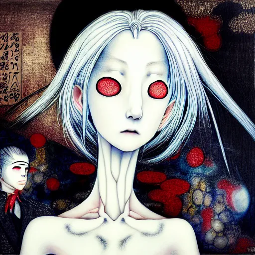 Image similar to yoshitaka amano blurred and dreamy realistic portrait of a woman with white hair and black eyes wearing dress suit with tie with head turned to the side, junji ito abstract patterns in the background, satoshi kon anime, noisy film grain effect, highly detailed, renaissance oil painting, weird portrait angle, blurred lost edges, three quarter angle