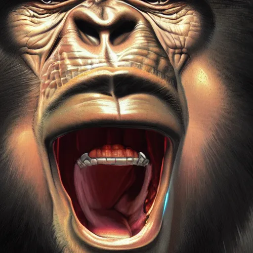 Image similar to Strong Angry Chimpanzee Screaming, Boris Vallejo, Epic, 8k resolution, ArtStation, Hyperrealistic