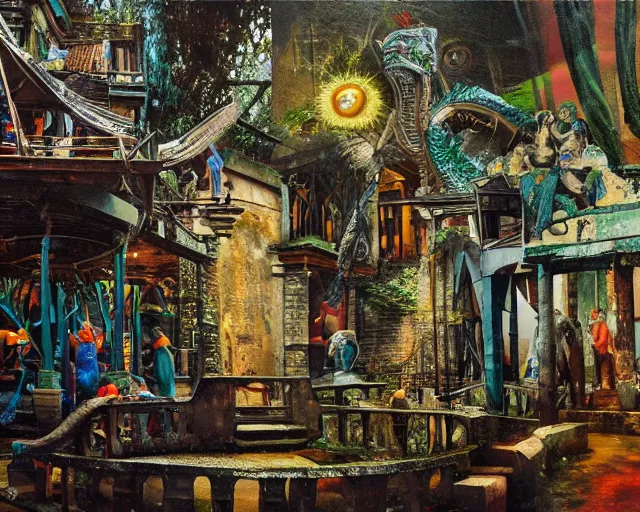 Image similar to high quality, high detail painting, dutch masterpiece, fluxus, film noir, ernst haekl, empty scene in las pozas with quetzalcoatl at night, hd, muted lighting, cut up collage