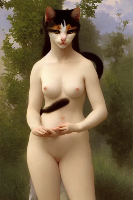 Image similar to anthropomorphic female cat, furaffinity, painting by william adolphe bouguereau