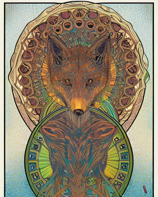 Image similar to fox carving art, cell shading, voronoi, fibonacci sequence, sacred geometry by Alphonse Mucha, Moebius, hiroshi yoshida, Art Nouveau, colorful, ultradetailed, 2 vivid colour, 3d