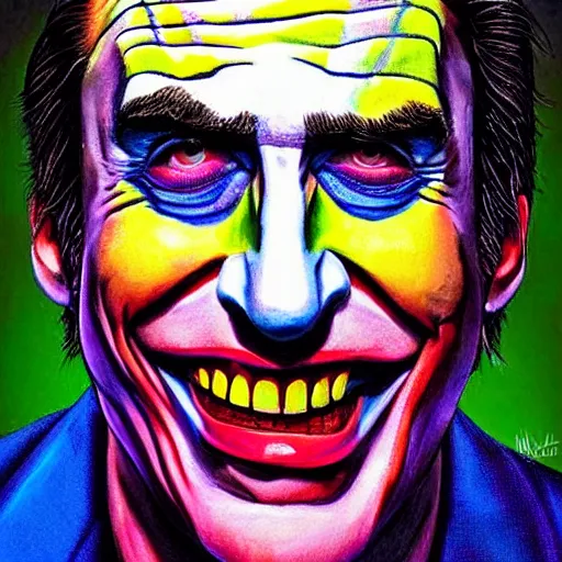 Image similar to nic cage as the joker, buff, painted portrait, highly detailed,