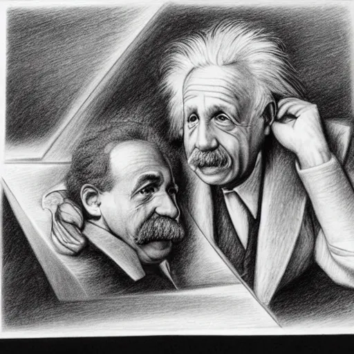 Image similar to Einstein and Newton speaks each other on a topic, pencil drawing, ultra detailed