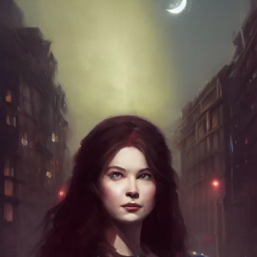 Prompt: closeup portrait of a young esme bianco, dramatic lighting, city background, night, moon, chiaroscuro, high detail, painted by greg rutkowski, painted by igor kieryluk, painted by bobby chiu, trending on artstation