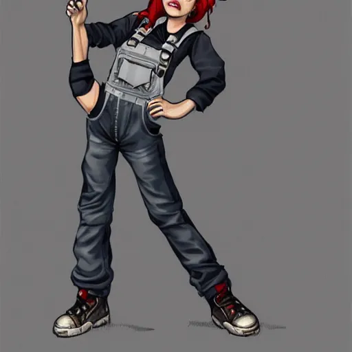 Prompt: a punk girl who is a mechanic wearing overalls, posing angrily, grey background, illustration, character concept design, trending on artstation