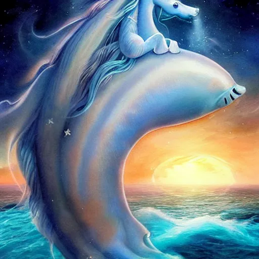 Prompt: a beautiful, celestial, oceanic hippocampus rising from the sea, fantasy art,