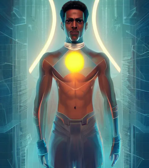 Image similar to symmetry!! egyptian prince of technology, solid cube of light, hard edges, product render retro - futuristic poster scifi, lasers and neon circuits, brown skin man egyptian prince, intricate, elegant, highly detailed, digital painting, artstation, concept art, smooth, sharp focus, illustration, dreamlike, art by artgerm