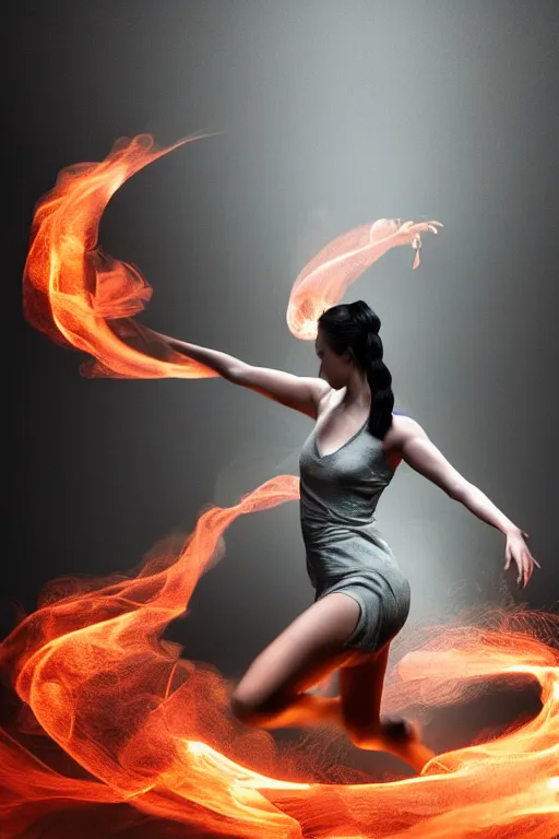 Prompt: a woman turning into smoke, dancing, atmospheric, octane render, volumetric light