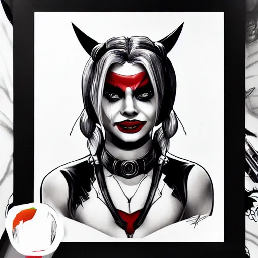 Image similar to tattoo design, stencil, portrait of harley quinn by artgerm