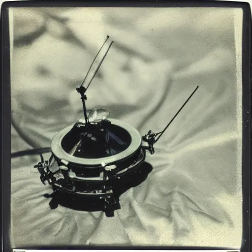Image similar to old polaroid depicting a small intricate metallic alien probe, on a clearing