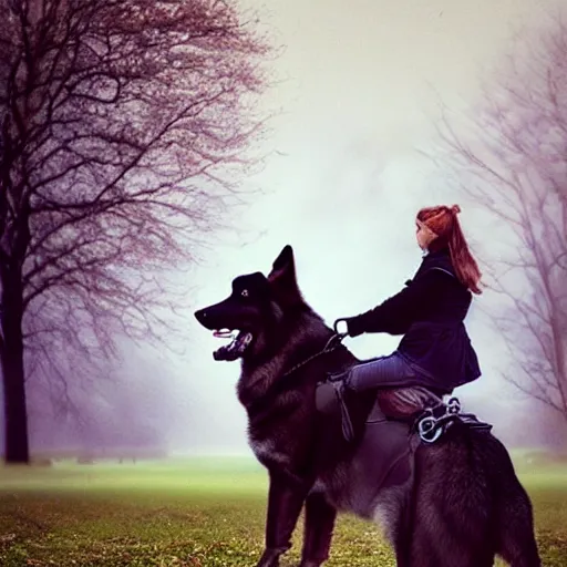 Prompt: girl riding a giant German shepherd in the park, trending on artstation