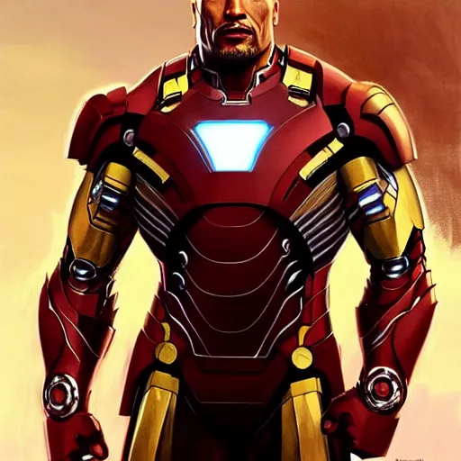 Image similar to Dwayne Johnson wearing an Iron Man suit, western, D&D, fantasy, intricate, elegant, highly detailed, digital painting, artstation, concept art, matte, sharp focus, illustration, art by Artgerm and Greg Rutkowski and Alphonse Mucha