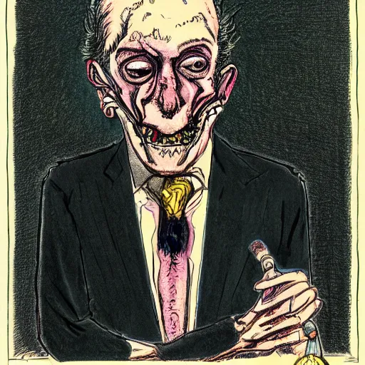 Image similar to Jacob Rothschild full body shot, dollar bills Body horror, biopunk, by Ralph Steadman, Francis Bacon, Hunter S Thompson