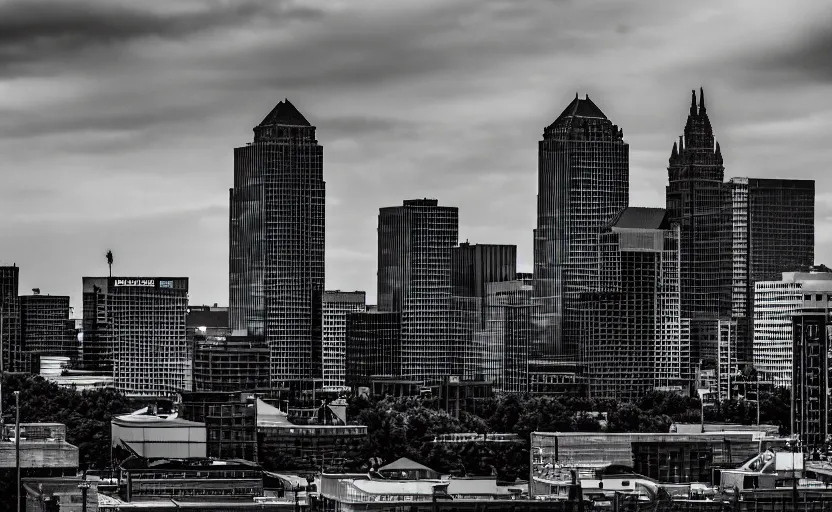 Image similar to photograph of Godzilla in Columbus Ohio, one point perspective, 1-point perspective, tilt shift, sigma 85mm f/1.4, 4k, depth of field, high resolution, 4k, 8k, hd, full color