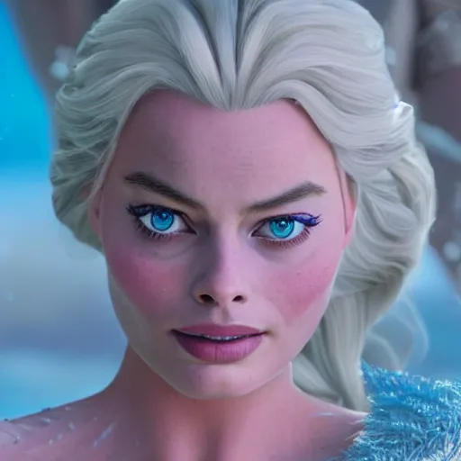 Image similar to Margot Robbie as Elsa in disney frozen live action, 8k full HD photo, cinematic lighting, anatomically correct, oscar award winning, action filled, correct eye placement,