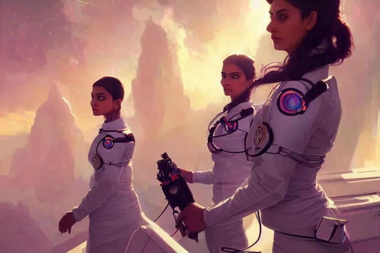 Image similar to Sensual beautiful female Aryan young Indian doctors wearing Deus Ex Human Revolution clothing in a space station above Earth, portrait, elegant, intricate, digital painting, artstation, concept art, smooth, sharp focus, illustration, art by artgerm and greg rutkowski and alphonse mucha