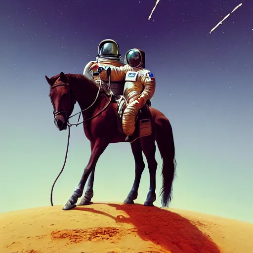 Image similar to a horse on top of a man, the astronaut is carried by the horse, hyperrealism, no blur, 4 k resolution, ultra detailed, style of ron cobb, adolf hiremy - hirschl, syd mead, ismail inceoglu, rene margitte