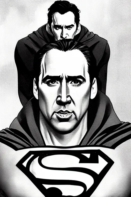 Image similar to nicholas cage as superman, in the style of art by artgerm and greg rutkowski and alphonse mucha