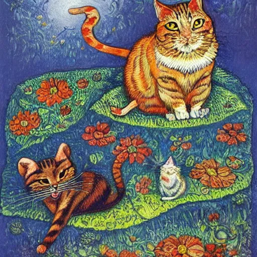 Image similar to a mouse and a cat, fantasy art, louis wain