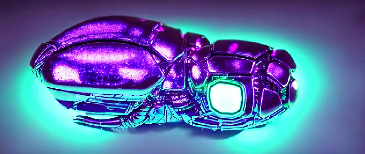 Image similar to high quality photo glowy iridescent cyborg scarab! jeweled very beautiful! highly detailed digital art david ligare elson peter cinematic purple neon lighting high quality low angle hd 8k sharp shallow depth of field