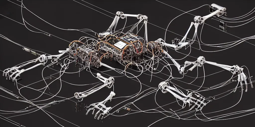 Image similar to skeleton of a robot, made out of wires, cables, transistors, electronics, many legs, factory hall, cables and equipment on floor, calbes and wires hanging from the ceiling, colored lighting, cyberpunk, dystopian, mechanical, intricate, elegant, stylish, science fiction, extremely detailed, digital painting, artstation, concept art, smooth, sharp focus, illustration, octane render, stunning lighting, art by artgerm and greg rutkowski and alphonse mucha and simon stalenhag