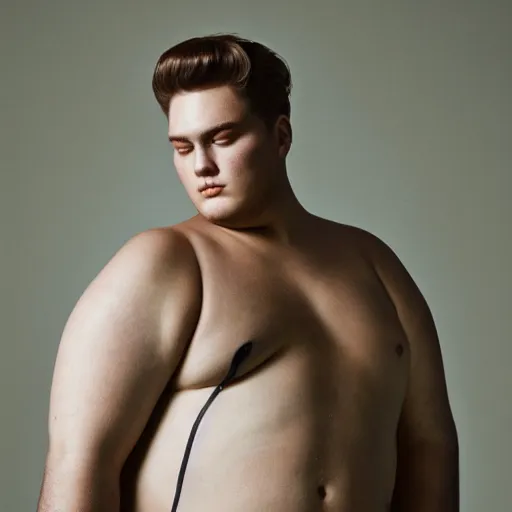 Image similar to a muted colors natural portrait photograph of a Male plus-size model, editorial story, i-D magazine, editorial photography