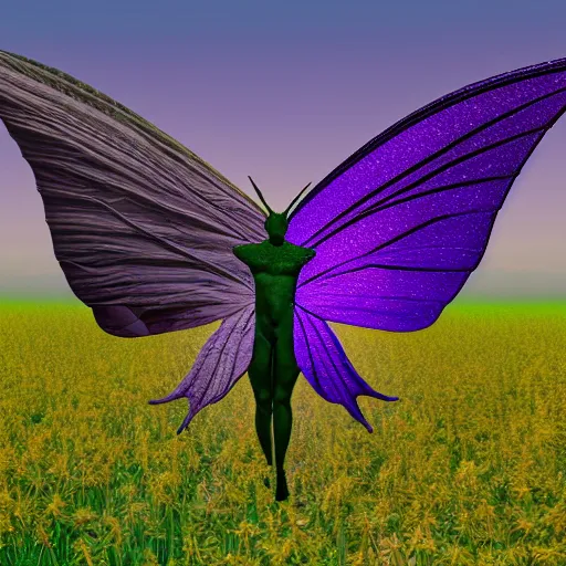 Prompt: a purple and green unicorn with butterfly wings standing in a field of marijuana eating, photography, 8 k, highly detailed, ultra realistic, path traced