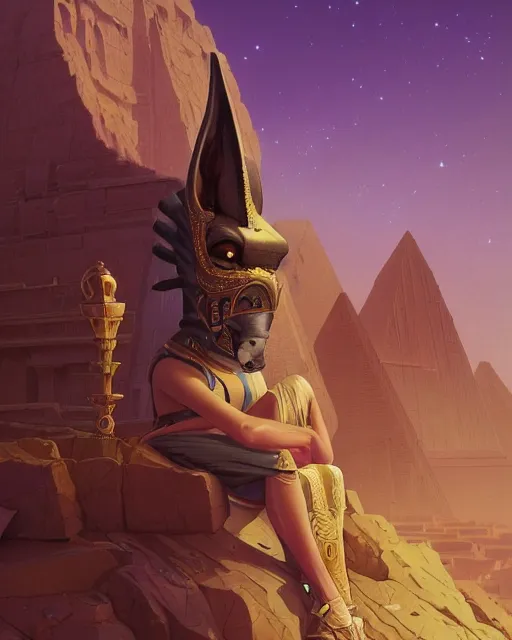 Image similar to highly detailed vfx portrait of anubis with pyramid behind them, sky galaxy purple, unreal engine, greg rutkowski, loish, rhads, beeple, makoto shinkai and lois van baarle, ilya kuvshinov, rossdraws, tom bagshaw, alphonse mucha, global illumination, detailed and intricate environment