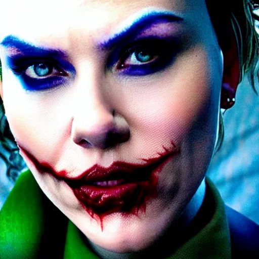 Image similar to stunning awe inspiring scarlett johansen as the joker, movie still 8 k hdr atmospheric lighting