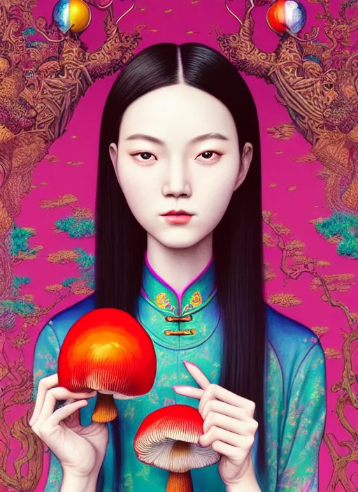 Image similar to pretty chinese girl holds hallucination mushroom : : by martine johanna and simon stalenhag and chie yoshii and casey weldon and wlop : : ornate, dynamic, particulate, rich colors, intricate, elegant, highly detailed, centered, artstation, smooth, sharp focus, octane render, 8 k