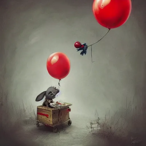 Image similar to surrealism grunge cartoon painting of a cartoon bunny and a red balloon by - michal karcz, loony toons style, pennywise style, horror theme, detailed, elegant, intricate