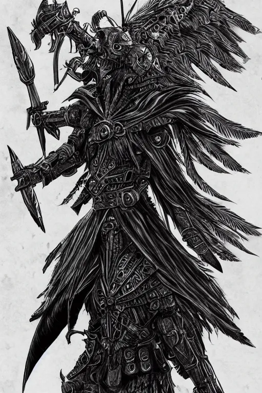 Image similar to armoured raven humanoid monster, crows feet, symmetrical, highly detailed, digital art, black feather armour, sharp focus, trending on art station, kentaro miura manga art style