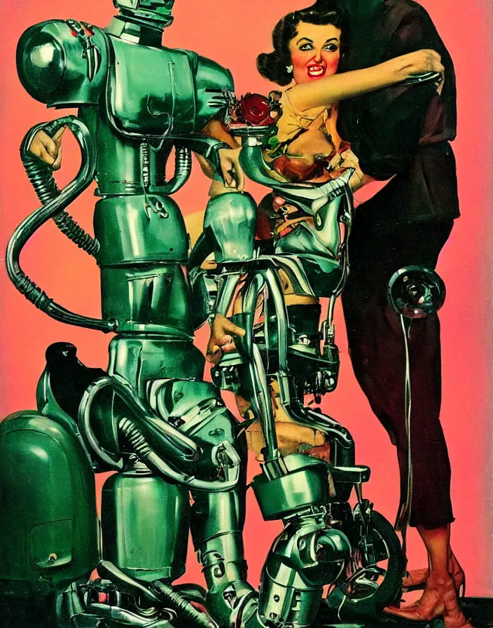 Image similar to a female housewife!!!! being hugged by a manly retro metal - suited!!! robot!!!!, 1 9 5 0 s horror film movie poster style, ( norman rockwell oil painting ), close - up, tight shot, retro science fiction, vintage, saturated pink and green lighting, shadowy lighting, cohesive!!!