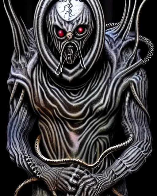 Prompt: dark scary atomospheric detailed outsider cyberpunk demon with scaly tentacles from the netherealm wearing a gas mask by hr giger and alex grey