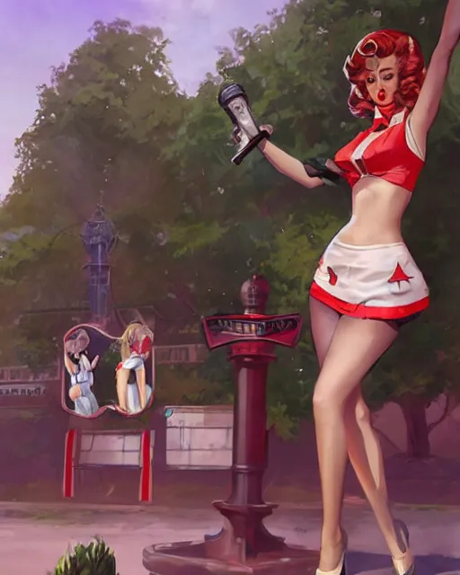 Prompt: Pop idol full body pin up modeling in pop-idol unioform, with a park in the back ground, post war style, detailed face, american postcard art style, by Krenz Cushart and Randolph Stanley Hewton and Charlie Bowater