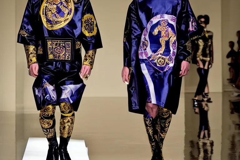 Image similar to versace avant garde show mimicing the school of athens fresco intricate modern choatic textiles streetwear cyberpunk dark cloudy raining