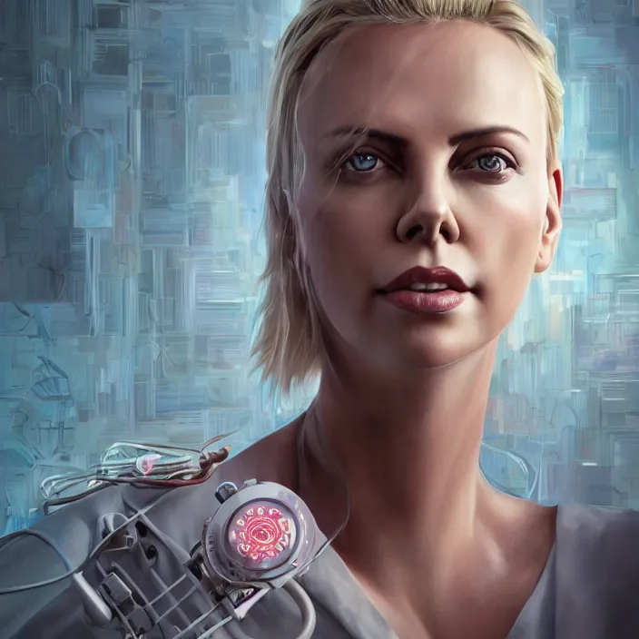 Prompt: portrait of charlize theron as a nurse. intricate abstract. intricate artwork. by tooth wu, wlop, beeple, dan mumford. octane render, trending on artstation, greg rutkowski very coherent symmetrical artwork. cinematic, hyper realism, high detail, octane render, 8 k, iridescent accents