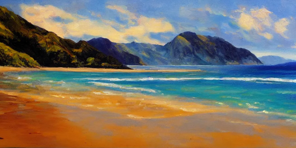 Prompt: golden bay new zealand, abel tasman, colorful oil painting, trending on artstation