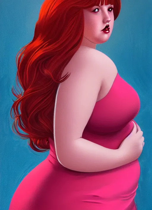 Image similar to full body portrait of teenage cheryl blossom, obese, bangs, sultry, realistic, red hair, sultry smirk, wavy hair, pink skirt, fat, belly, intricate, elegant, glowing lights, highly detailed, digital painting, artstation, concept art, smooth, sharp focus, illustration, art by wlop, mars ravelo and greg rutkowski