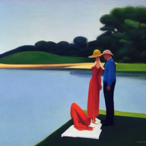 Image similar to A beautiful land art of a man and a woman are standing on a dock, looking out at a body of water. The woman has her hand on the man's shoulder, and they appear to be deep in conversation. The colors in the land art are muted, and the scene has a calming feeling. by Edward Hopper subtle