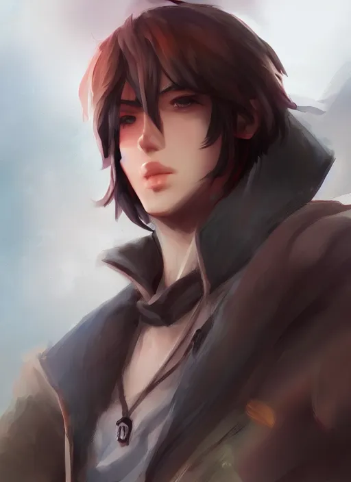 Image similar to detailed beautiful male character art of a protagonist, depth of field, on amino, by sakimichan patreon, wlop, weibo high quality art on artstation.