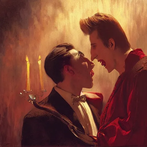 Image similar to attractive male, arthur pendragon confesses his love to attractive male dracula the vampire. highly detailed painting by gaston bussiere, craig mullins, j. c. leyendecker 8 k