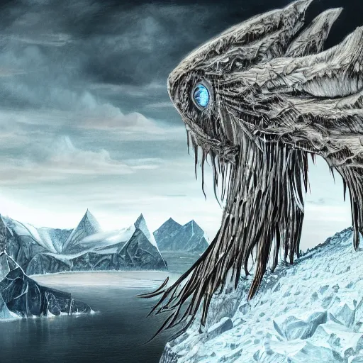 Image similar to epic masterpiece of confrontation between man and diamond mountain spirit Antarctica, gift of birth, origin mythos, astounding beauty, cinematic, establishing shot, extremely high detail, photorealistic, cinematic lighting, intricate line drawings, 8k resolution